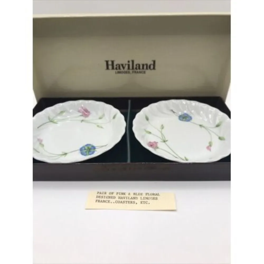 2 Haviland Limoges Coasters - Presentation Box Pink Blue‎ Floral
